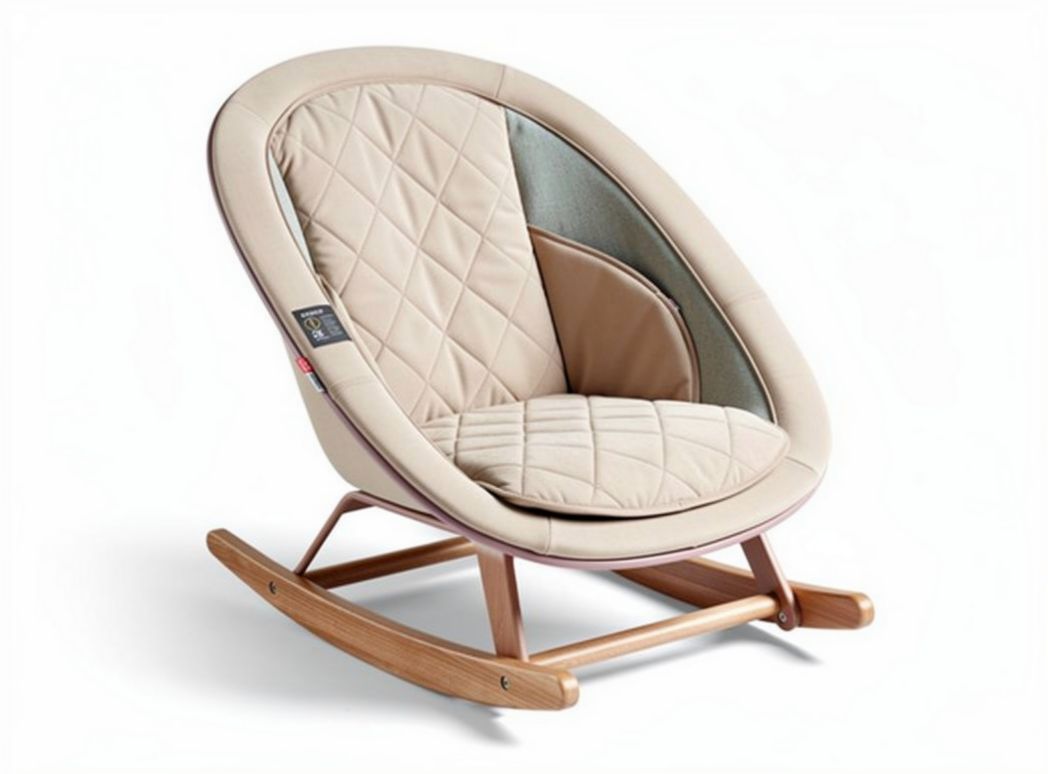 Poltrona a dondolo in tessuto beige con struttura in legno 70 x 65 x 80cm