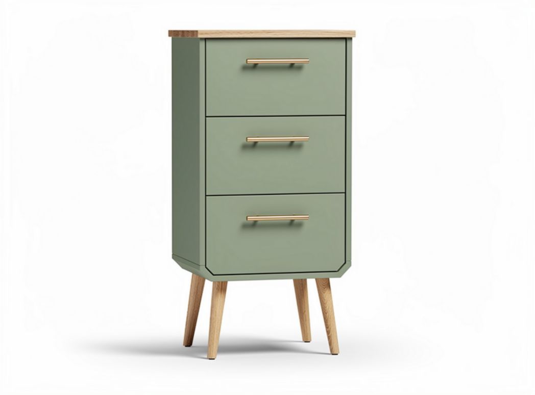 Comò verde con tre cassetti in legno e piano in rovere 40 x 30 x 85cm