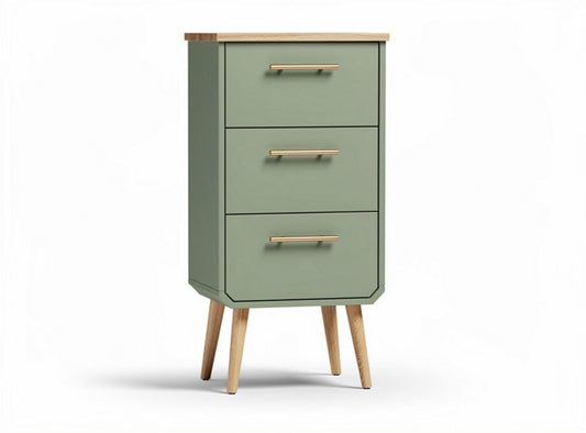 Comò verde con tre cassetti in legno e piano in rovere 40 x 30 x 85cm